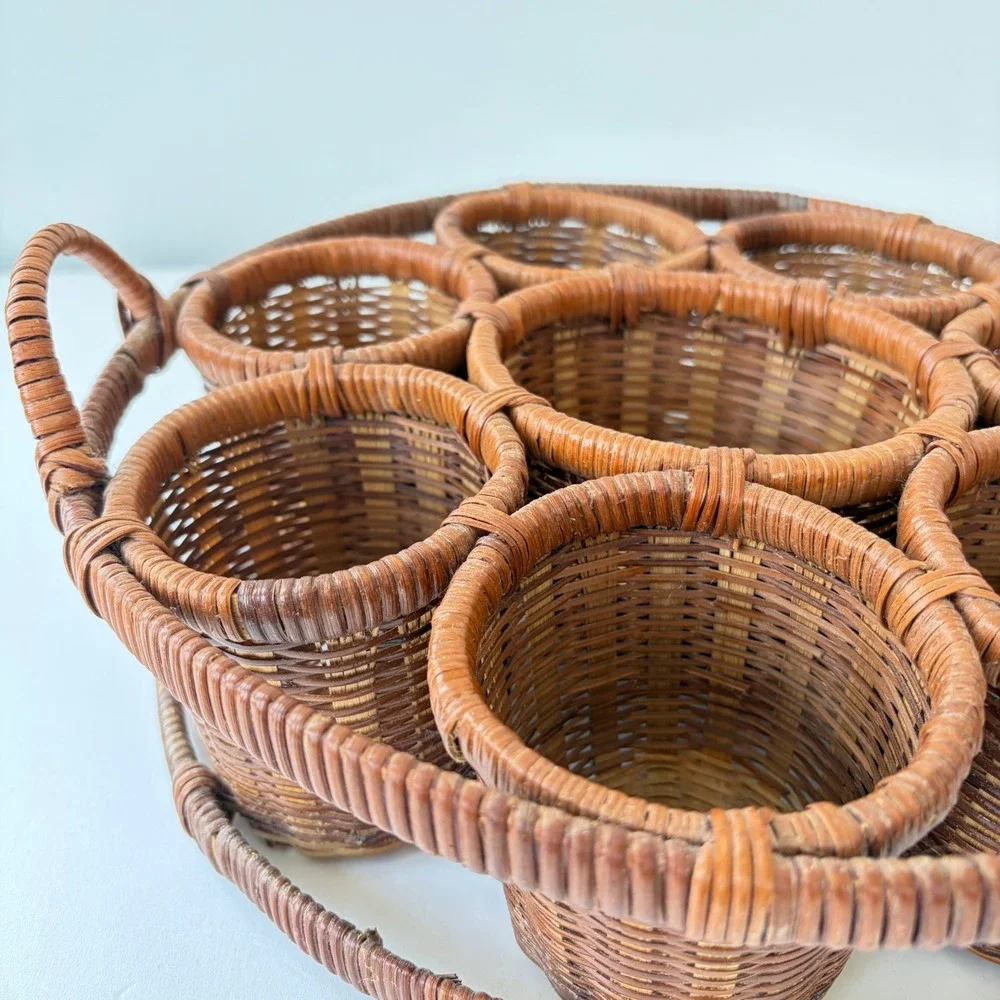 Vintage Woven Wicker Beverage Caddy Round 7 Slot Drink Carrier Brown Picnic Boho